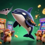 Panaloko platform showcases a lively scene with an orca in a biker jacket, surrounded by gaming elements and riches.