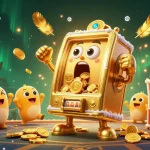 Engage in online craps with an expressive golden slot machine hitting jackpots amidst cheering baby slots.