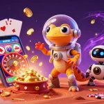 Xoilacz theme with a Martian gecko, exploring a casino on Mars, surrounded by gaming elements.