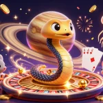 Join the excitement at ONE88's cosmic casino with a roulette wheel and gambler mice in action.