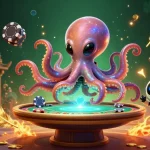 Experience excitement at hitclub363 with alien octopus gaming at a holographic poker table amidst cosmic elements.